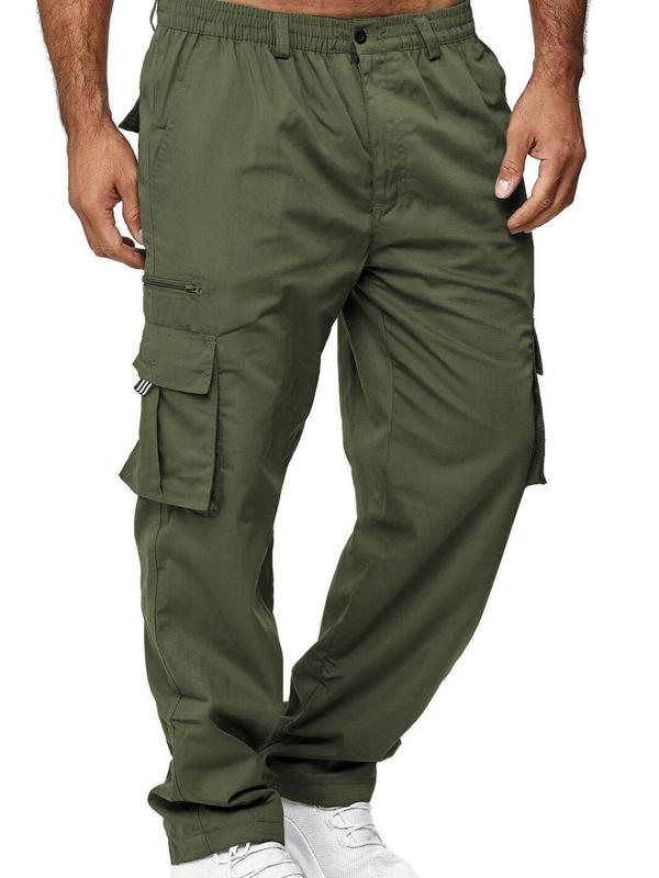 Men's Solid Multi-pocket Elastic Waist Sports Cargo Pants, Regular Fit Sporty Pocket Trousers for Outdoor Activities, Men's Bottoms