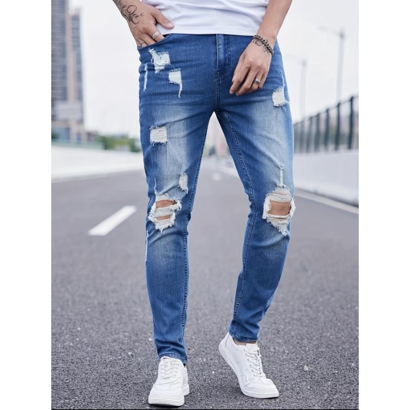 Slim Fit Ripped Cotton Blend Jeans, Men's Casual Street Style Distressed Mid Stretch Denim Pants For Spring Summer