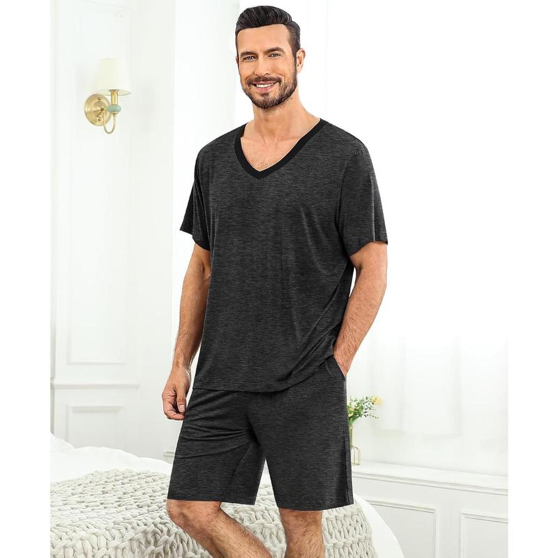 Mens Pajama Sets Short Sleeve Summer Pjs With Pocket 2Pcs Soft Comfy Nightwear Soft Sleepwear S-XXL