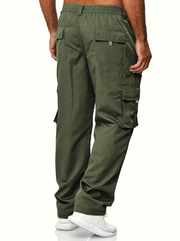 Men's Solid Multi-pocket Elastic Waist Sports Cargo Pants, Regular Fit Sporty Pocket Trousers for Outdoor Activities, Men's Bottoms