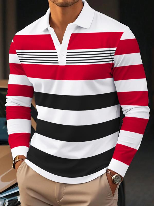 Men's Striped Print Half Button Polo Shirt, Regular Fit Casual Long Sleeve Collared Top for Fall & Winter, Men's Clothes for Daily Wear