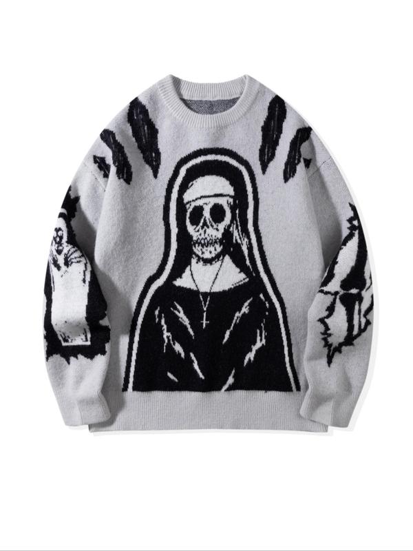 Men's Skull Print Drop Shoulder Sweater, Loose Casual Long Sleeve Round Neck Halloween Themed Jumper for Fall & Winter, Fashion Men's Knitwear for Daily Wear