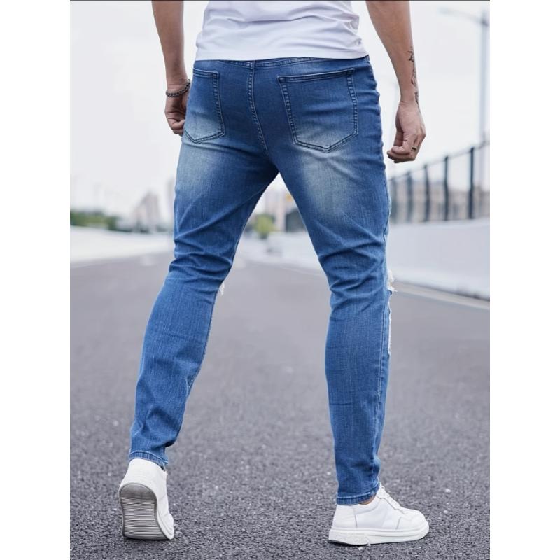 Slim Fit Ripped Cotton Blend Jeans, Men's Casual Street Style Distressed Mid Stretch Denim Pants For Spring Summer