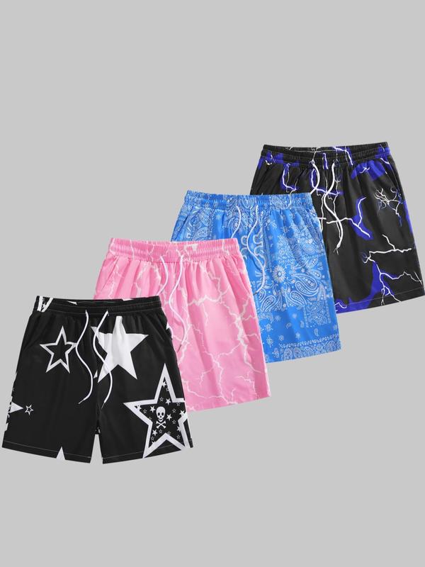 Men's Graphic Print Drawstring Waist Shorts, Shorts for Men, Casual Regular Fit Pocket Shorts, Shorts for Men, Men's Summer Bottoms for Beach Vacation