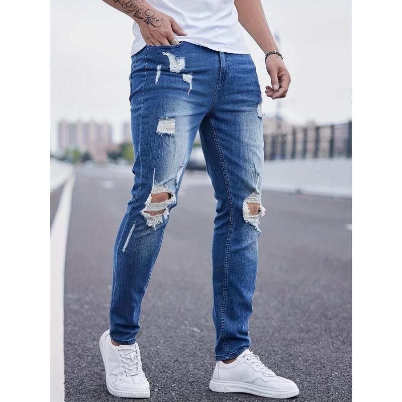 Slim Fit Ripped Cotton Blend Jeans, Men's Casual Street Style Distressed Mid Stretch Denim Pants For Spring Summer