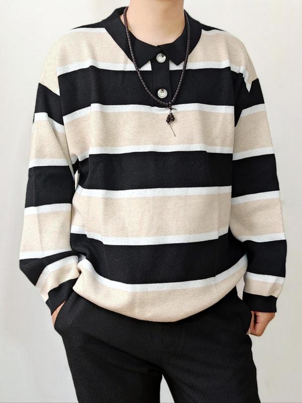  Colorblock Striped Print Half Button Front Polo Neck Sweater, Casual Drop Shoulder Long Sleeve Jumper for Fall & Winter, Men's Clothing for Daily Wear