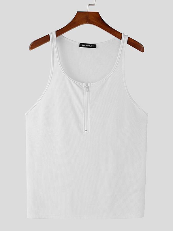 Men's Solid Color Half Zip Scoop Neck Tank Top, Regular Fit Casual Racer Back Sleeveless Top for Daily Wear, Men's Clothes for All Seasons