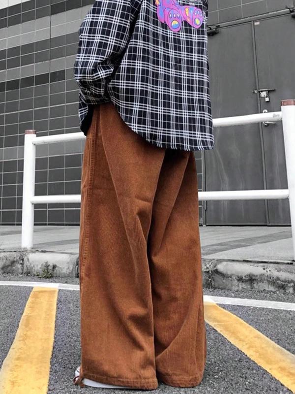 Unisex Men's Solid Pocket Drawstring Waist Wide Leg Pants, Loose Casual Comfy Corduroy Trousers for Spring & Fall, Fashion Men's Bottoms for Daily Wear