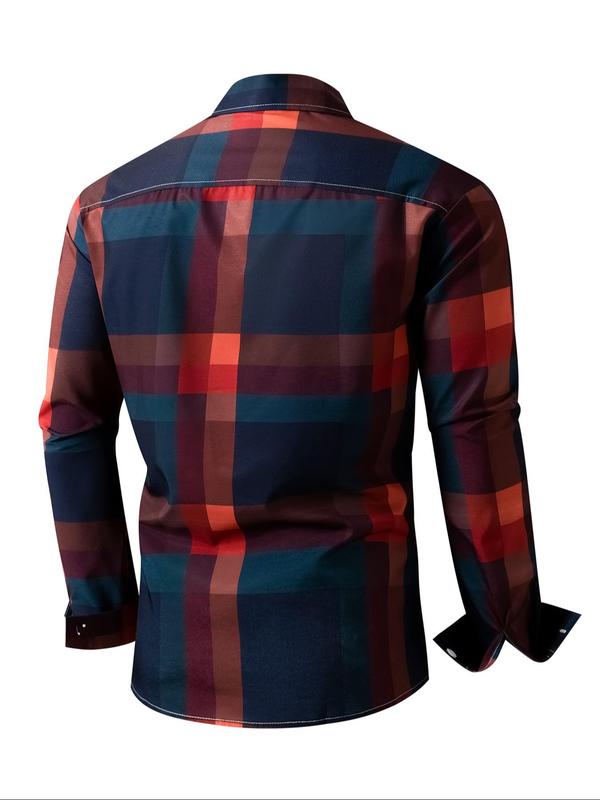 Men's Plaid Print Button Front Shirt, Regular Fit Casual Long Sleeve Collared Top for Fall & Winter, Men's Clothes for Daily Wear