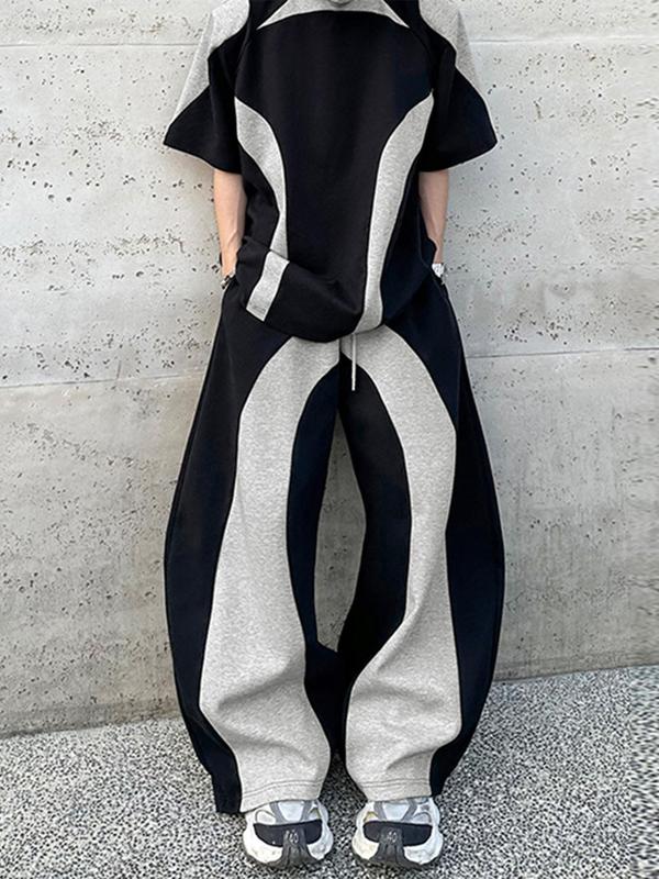 Men's Colorblock Half Sleeve Tee & Drawstring Waist Wide Leg Pants Two-piece Set, Casual Round Neck Half Sleeve T-shirt & Trousers for Daily Wear, Men's Two-piece Outfits for All Seasons