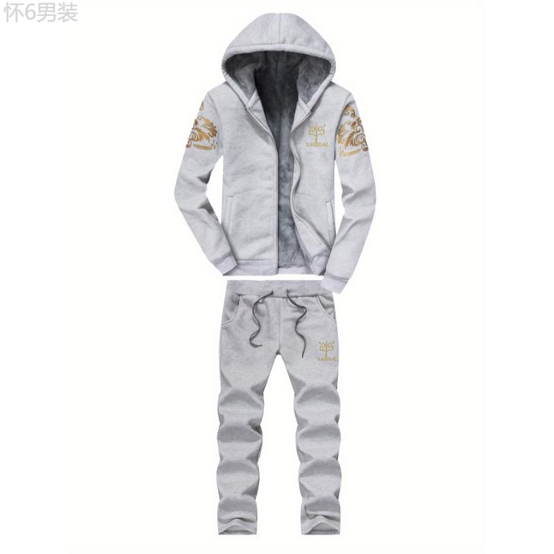 2pcs, Golden, Thermal Fleece Lined, Men's Casual Zipper Hooded Jacket & Drawstring Sweatpants Set, Classical Pattern Print, Cozy Warm Outfit for Autumn and Winter Clothing Fabric Menswear Sleeve Collar Polyester Stretch Suits Stretch Suits Tops Gamis