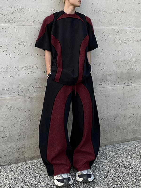 Men's Colorblock Half Sleeve Tee & Drawstring Waist Wide Leg Pants Two-piece Set, Casual Round Neck Half Sleeve T-shirt & Trousers for Daily Wear, Men's Two-piece Outfits for All Seasons