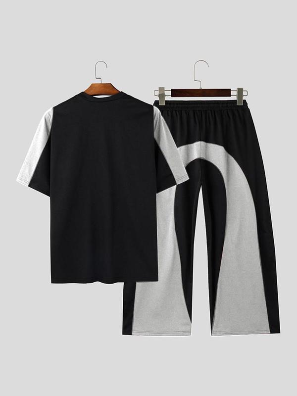 Men's Colorblock Half Sleeve Tee & Drawstring Waist Wide Leg Pants Two-piece Set, Casual Round Neck Half Sleeve T-shirt & Trousers for Daily Wear, Men's Two-piece Outfits for All Seasons