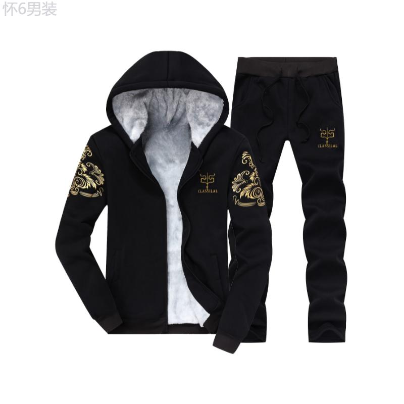 2pcs, Golden, Thermal Fleece Lined, Men's Casual Zipper Hooded Jacket & Drawstring Sweatpants Set, Classical Pattern Print, Cozy Warm Outfit for Autumn and Winter Clothing Fabric Menswear Sleeve Collar Polyester Stretch Suits Stretch Suits Tops Gamis