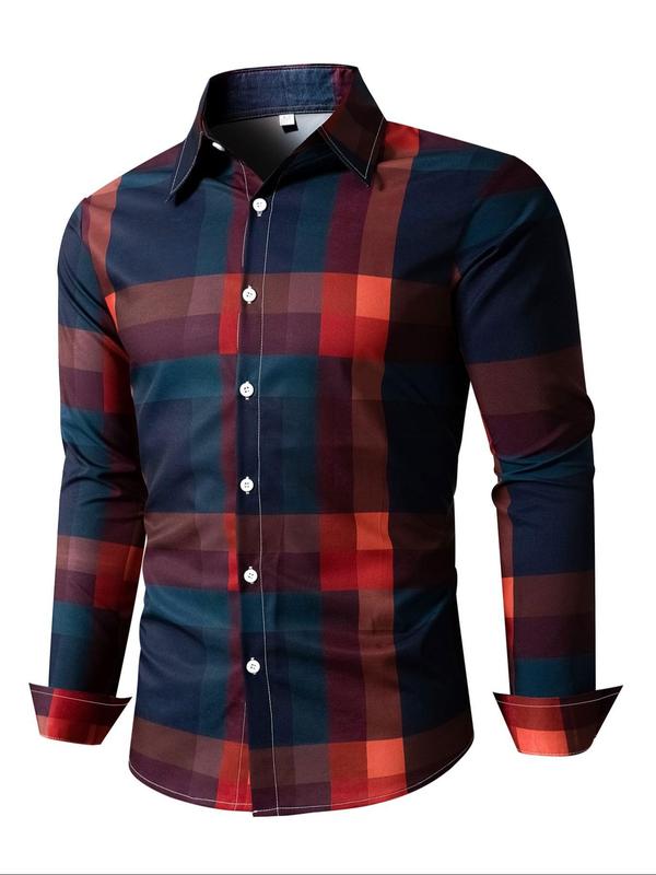 Men's Plaid Print Button Front Shirt, Regular Fit Casual Long Sleeve Collared Top for Fall & Winter, Men's Clothes for Daily Wear