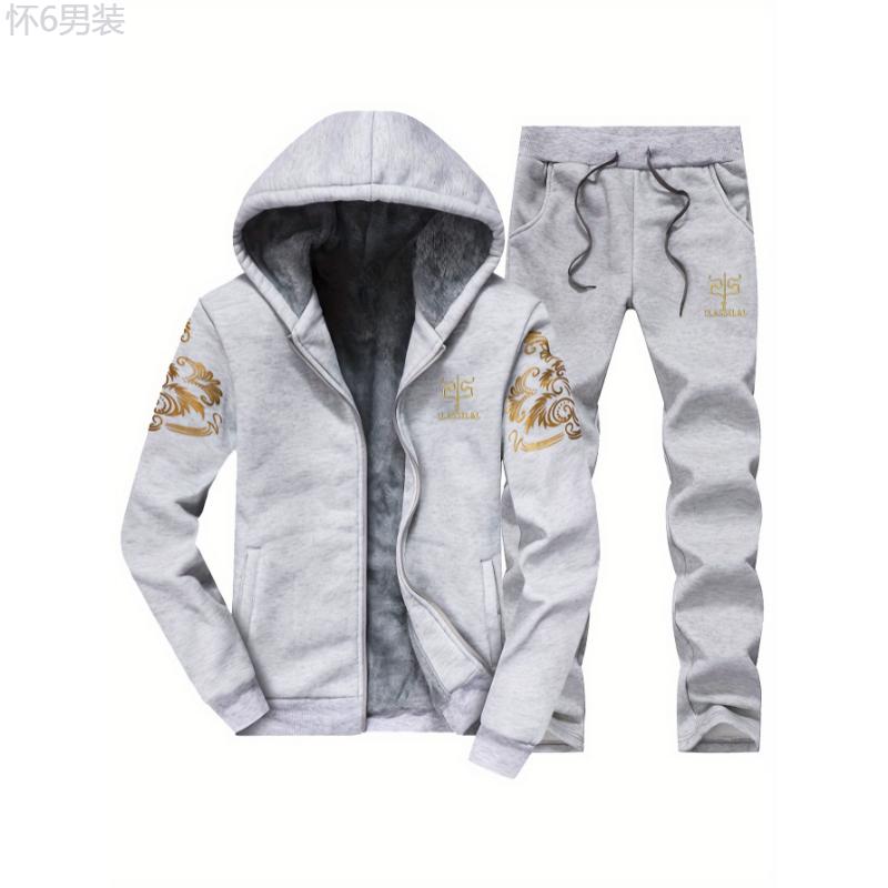 2pcs, Golden, Thermal Fleece Lined, Men's Casual Zipper Hooded Jacket & Drawstring Sweatpants Set, Classical Pattern Print, Cozy Warm Outfit for Autumn and Winter Clothing Fabric Menswear Sleeve Collar Polyester Stretch Suits Stretch Suits Tops Gamis