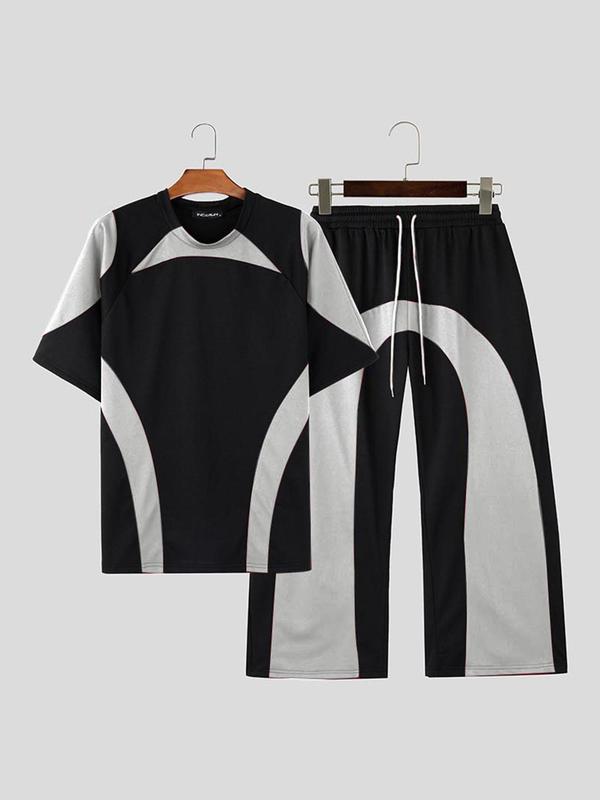 Men's Colorblock Half Sleeve Tee & Drawstring Waist Wide Leg Pants Two-piece Set, Casual Round Neck Half Sleeve T-shirt & Trousers for Daily Wear, Men's Two-piece Outfits for All Seasons