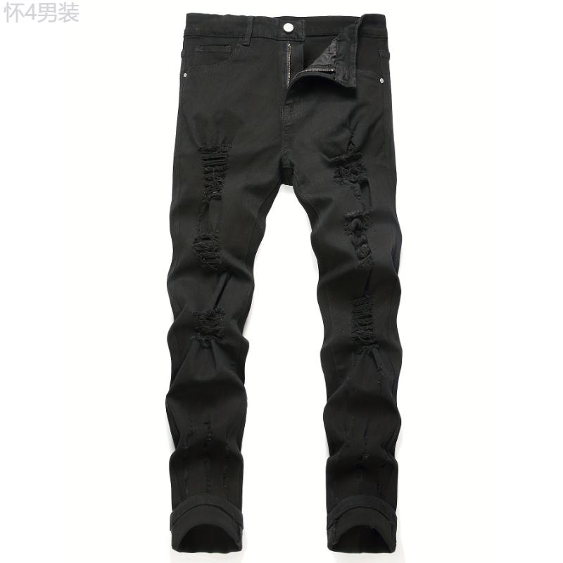 Men's Chic Slim Fit Ripped Jeans - Distressed Mid Stretch Denim Pants for Spring Summer Casual Street Style Menswear Polyester