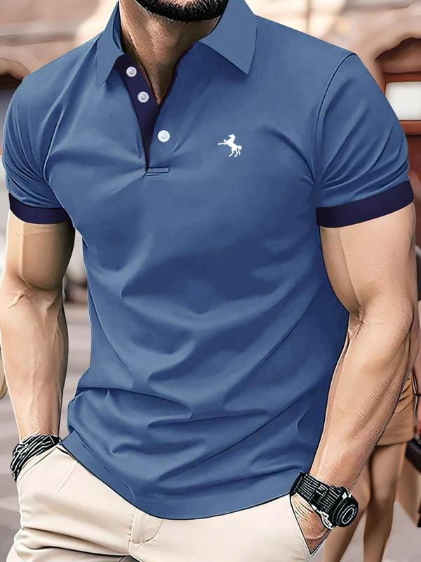 Men's Regular Fit Horse Print Contrast Binding Polo Shirt, Casual Short Sleeve Button Collar Top for Summer, Fashion Men's Clothes for Daily Wear, National Day Clothing