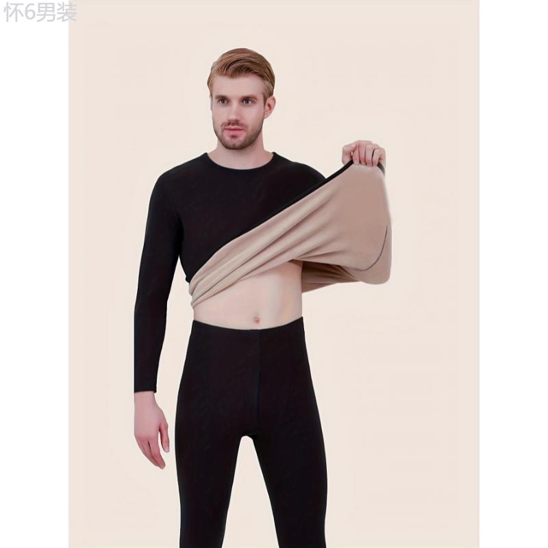 Men's Winter Thermal Underwear Set - Fleece-Lined, Long Sleeve Crew Neck Top & Pants for Ultimate Warmth Fabric Menswear