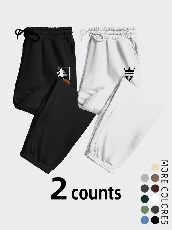 Men's Coconut Tree Crown Graphic Drawstring Waist Sweatpants, Casual Comfy Pocket Elastic Waist Jogger Pants for Fall & Winter, Men's Trousers for Daily Wear