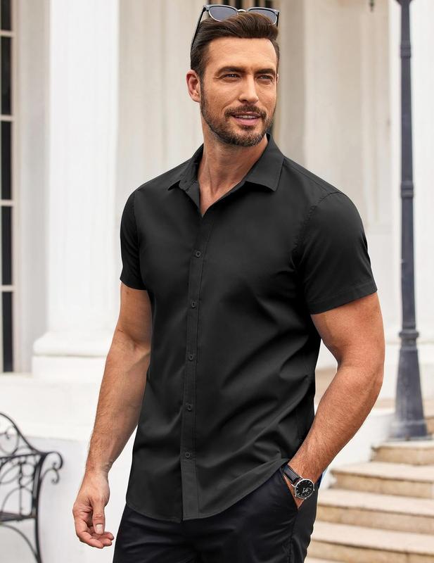 COOFANDY men's muscle fitting casual short sleeved shirt fabric men's short sleeved shirt elastic spandex elastic top underwear, business dress, summer casual top, boutique men's top