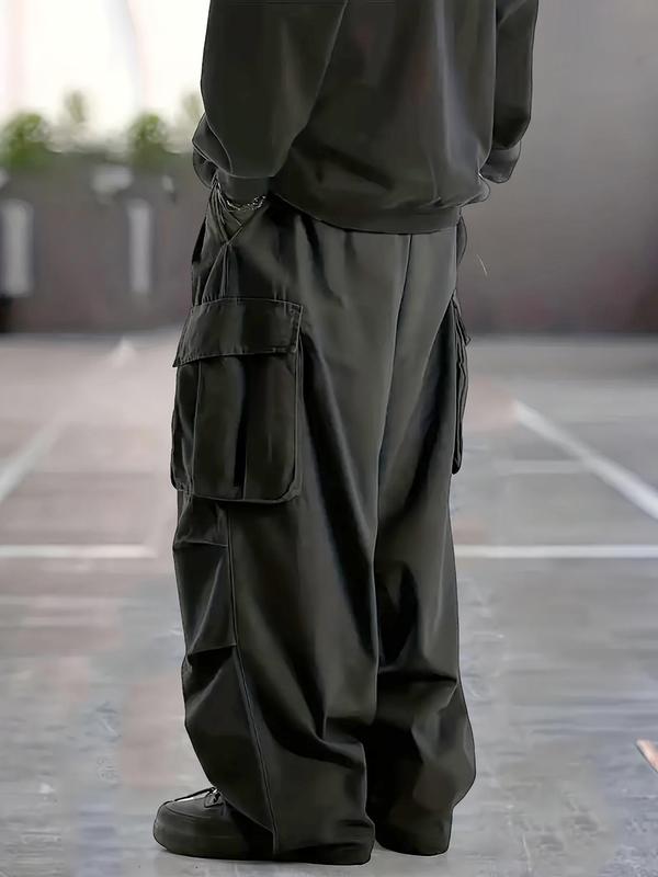  Men's Solid Flap Pocket Drawstring Waist Cargo Pants, Casual Street Fashion Trousers for Daily Wear, Men's Bottoms for Spring & Fall