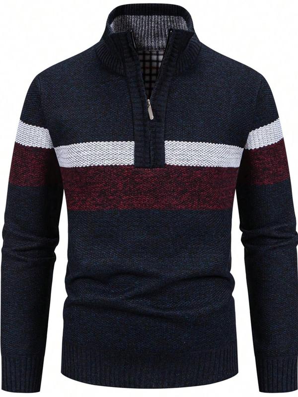 Men's Striped Print Zipper Half Placket Stand Collar Sweater, Regular Fit Casual Long Sleeve Jumper for Fall & Winter, Fashion Men's Knitwear for Daily Wear