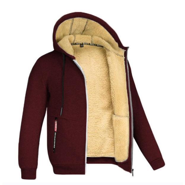 Lambswool Men's Sweater Autumn Fleece-lined Thickened Hooded Sportswear Casual Cardigan Warm Coat