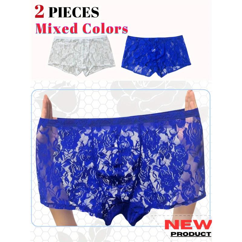 2-Pack Men's Sexy Lace Print Underwear, Sheer Mesh, High Elasticity, Low Waist, Flower Pattern, Comfortable, Nylon Fabric, Seductive, Elegant Design, Novelty Clothing