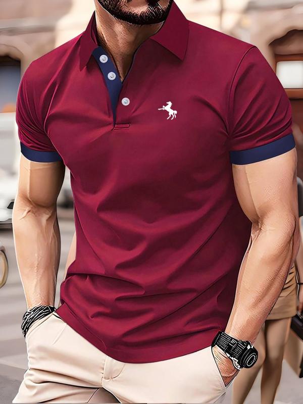 Men's Regular Fit Horse Print Contrast Binding Polo Shirt, Casual Short Sleeve Button Collar Top for Summer, Fashion Men's Clothes for Daily Wear, National Day Clothing