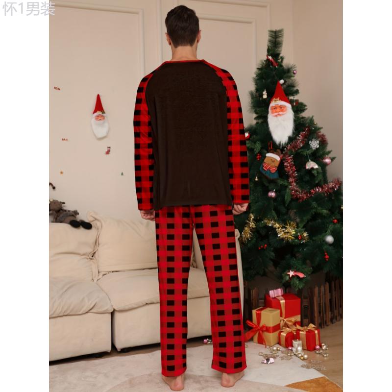 Men's Casual Comfy Home Pajamas Set, MERRY CHRISTMAS Letter And Santa Claus Reindeer Print Comfy Long Sleeve Crew Neck Sweatshirt & Plaid Loose Pants, Men's Outdoor Clothing Fabric Loungewear Menswear Nightwear Collar Stretch Homewear Pajama Set