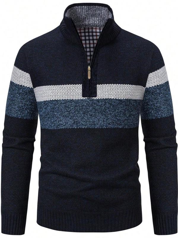 Men's Striped Print Zipper Half Placket Stand Collar Sweater, Regular Fit Casual Long Sleeve Jumper for Fall & Winter, Fashion Men's Knitwear for Daily Wear