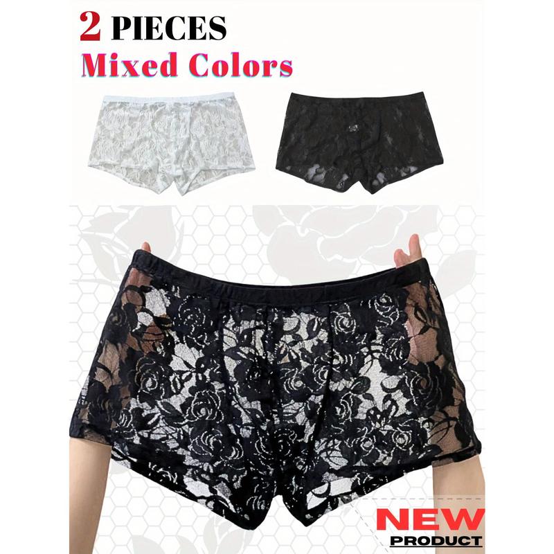 2-Pack Men's Sexy Lace Print Underwear, Sheer Mesh, High Elasticity, Low Waist, Flower Pattern, Comfortable, Nylon Fabric, Seductive, Elegant Design, Novelty Clothing