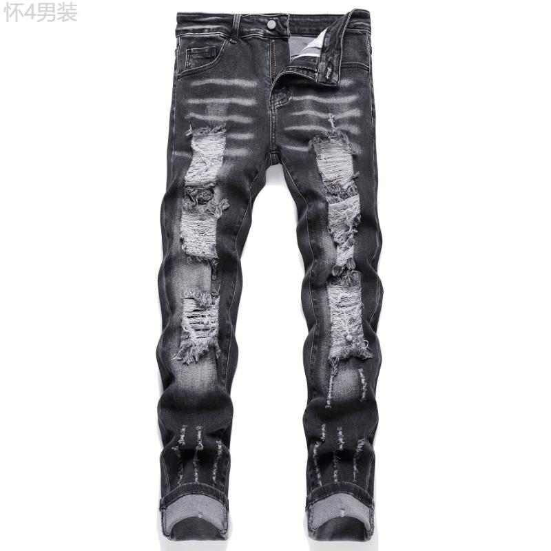 Men's Chic Slim Fit Ripped Jeans - Distressed Mid Stretch Denim Pants for Spring Summer Casual Street Style Menswear Polyester