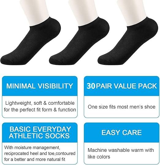 30 Pairs Men's Low-Cut Ankle Socks, Breathable and Thin, Casual Athletic Design, Perfect for Sports or Everyday Wear, Bulk Pack (Black)