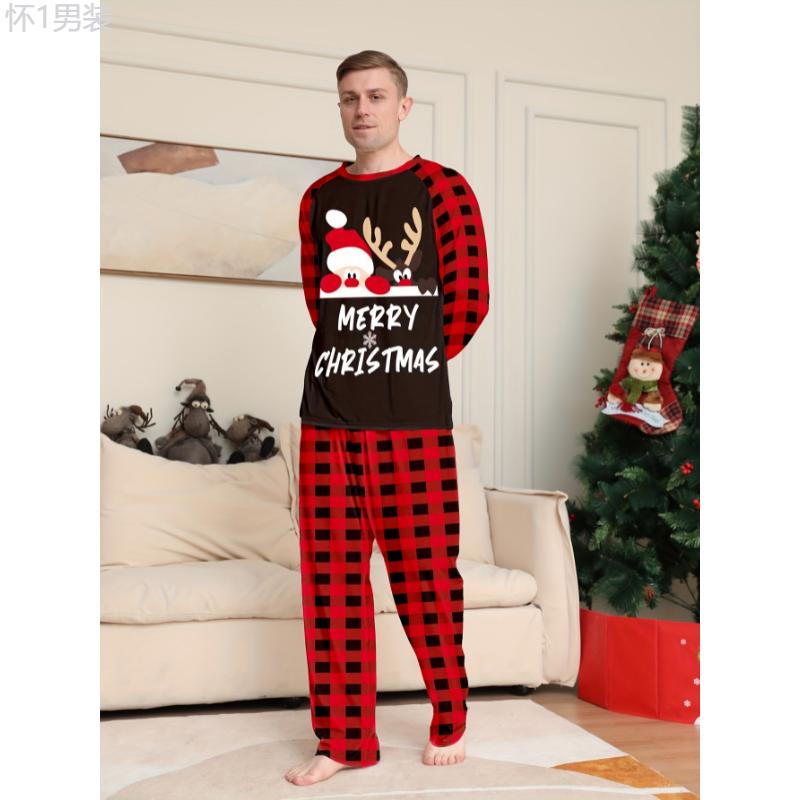 Men's Casual Comfy Home Pajamas Set, MERRY CHRISTMAS Letter And Santa Claus Reindeer Print Comfy Long Sleeve Crew Neck Sweatshirt & Plaid Loose Pants, Men's Outdoor Clothing Fabric Loungewear Menswear Nightwear Collar Stretch Homewear Pajama Set