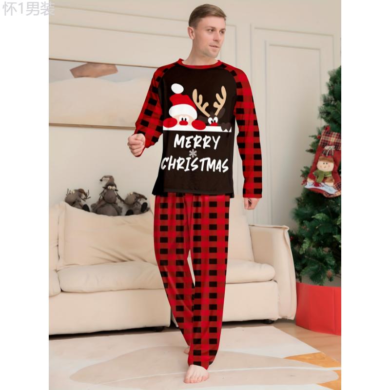 Men's Casual Comfy Home Pajamas Set, MERRY CHRISTMAS Letter And Santa Claus Reindeer Print Comfy Long Sleeve Crew Neck Sweatshirt & Plaid Loose Pants, Men's Outdoor Clothing Fabric Loungewear Menswear Nightwear Collar Stretch Homewear Pajama Set