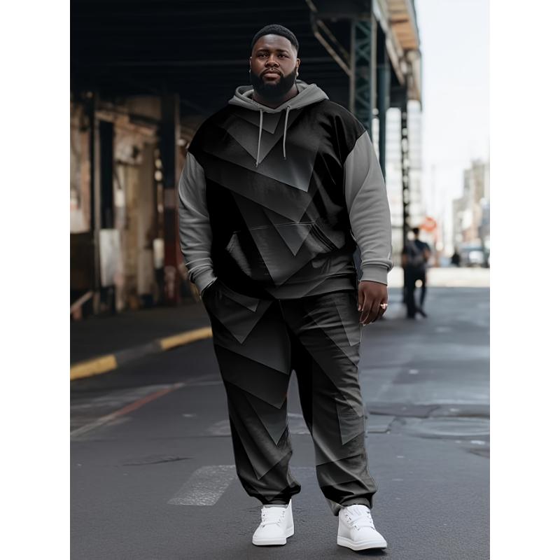 Black Friday 2pcs Men's Plus Size Casual Hoodie Tracksuit, Color Block Hooded Sweatshirt & Pant Set