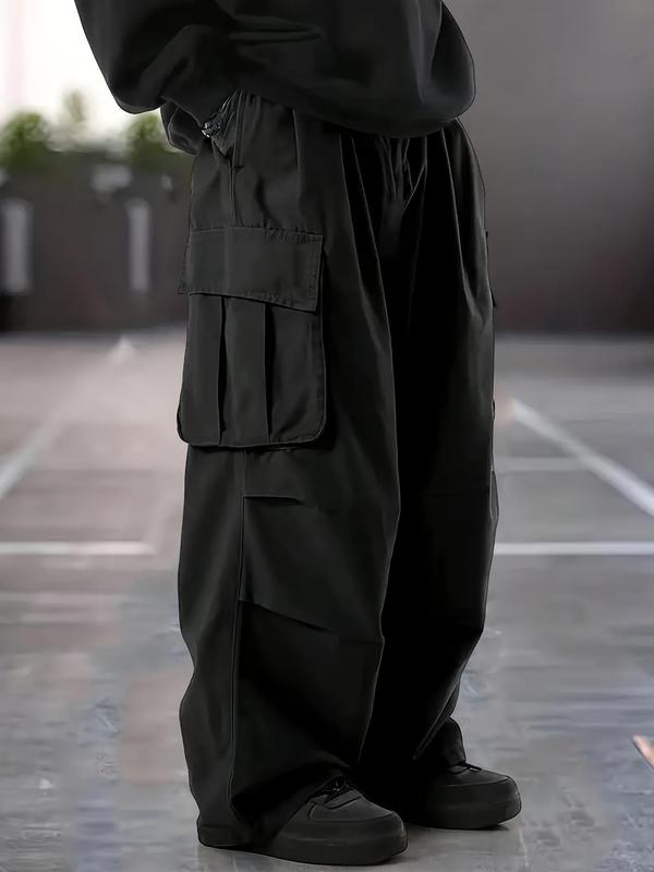  Men's Solid Flap Pocket Drawstring Waist Cargo Pants, Casual Street Fashion Trousers for Daily Wear, Men's Bottoms for Spring & Fall