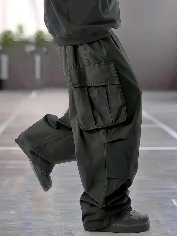  Men's Solid Flap Pocket Drawstring Waist Cargo Pants, Casual Street Fashion Trousers for Daily Wear, Men's Bottoms for Spring & Fall