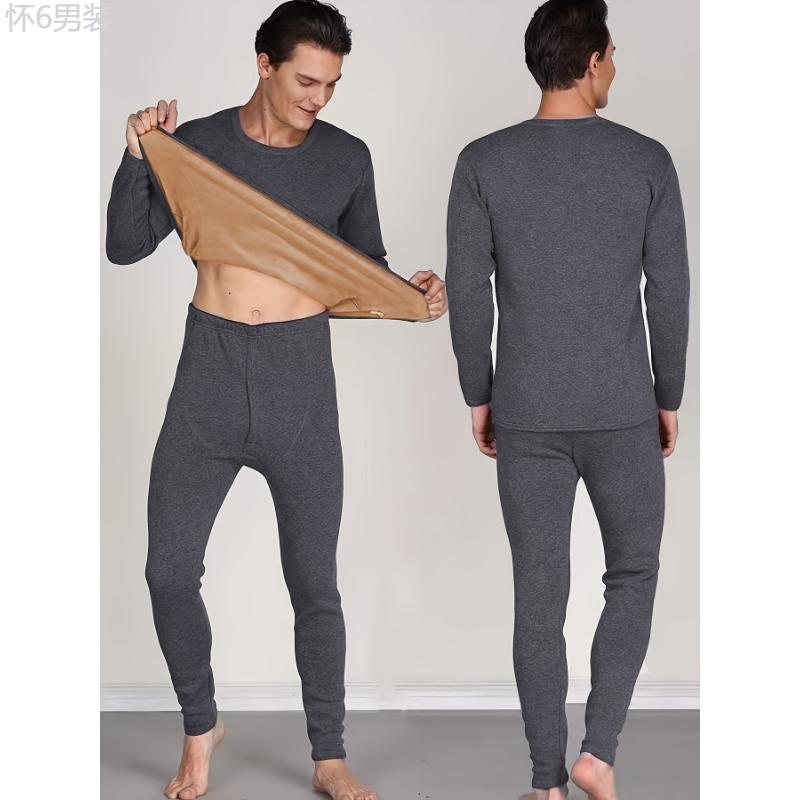 Men's Winter Thermal Underwear Set - Fleece-Lined, Long Sleeve Crew Neck Top & Pants for Ultimate Warmth Fabric Menswear