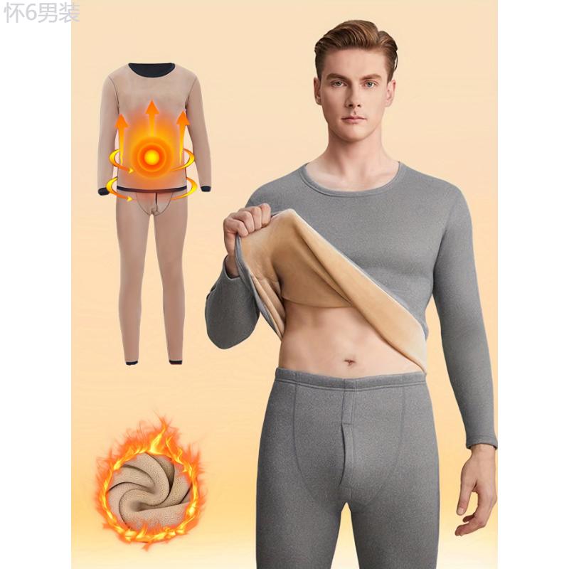 Men's Winter Thermal Underwear Set - Fleece-Lined, Long Sleeve Crew Neck Top & Pants for Ultimate Warmth Fabric Menswear