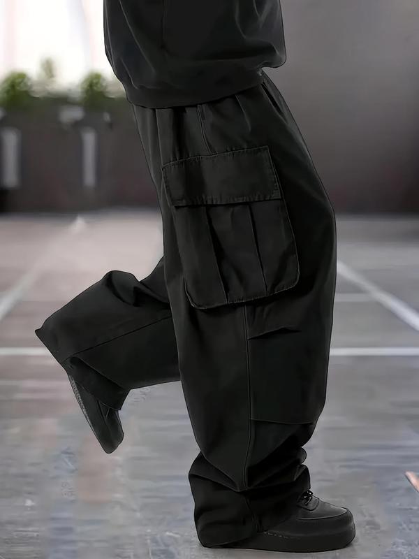  Men's Solid Flap Pocket Drawstring Waist Cargo Pants, Casual Street Fashion Trousers for Daily Wear, Men's Bottoms for Spring & Fall