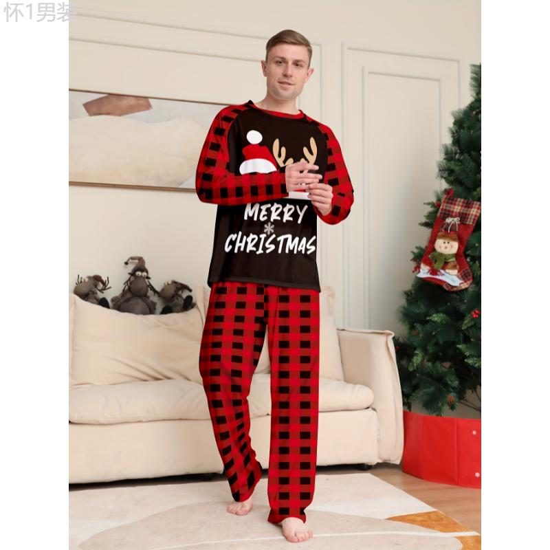 Men's Casual Comfy Home Pajamas Set, MERRY CHRISTMAS Letter And Santa Claus Reindeer Print Comfy Long Sleeve Crew Neck Sweatshirt & Plaid Loose Pants, Men's Outdoor Clothing Fabric Loungewear Menswear Nightwear Collar Stretch Homewear Pajama Set