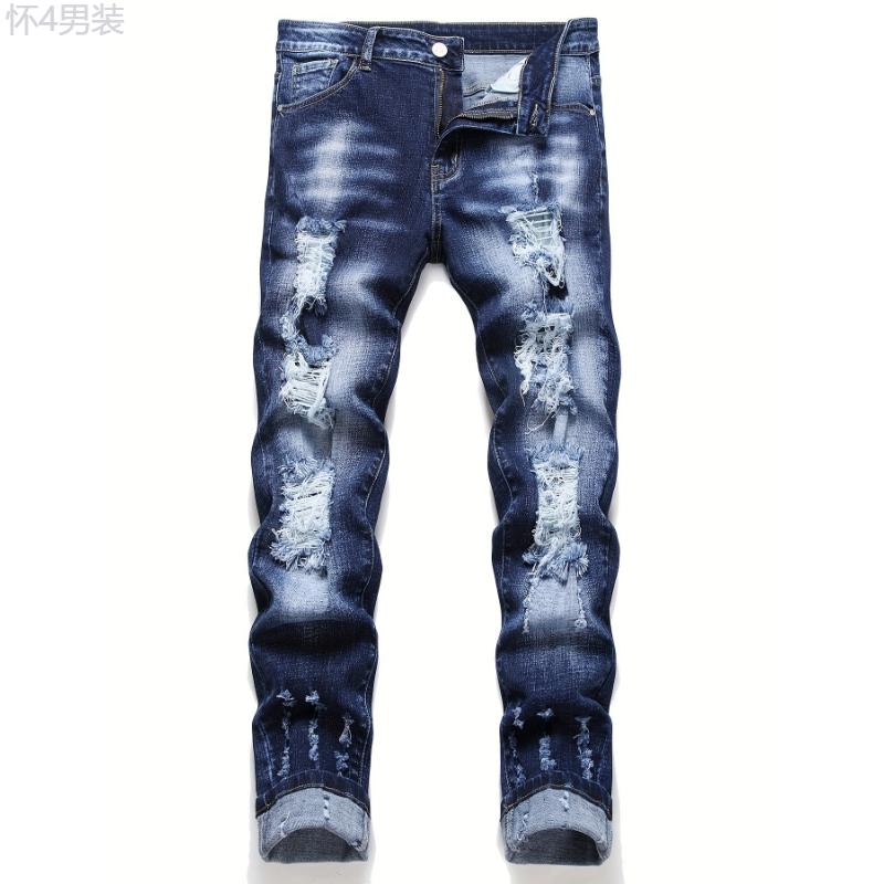 Men's Chic Slim Fit Ripped Jeans - Distressed Mid Stretch Denim Pants for Spring Summer Casual Street Style Menswear Polyester