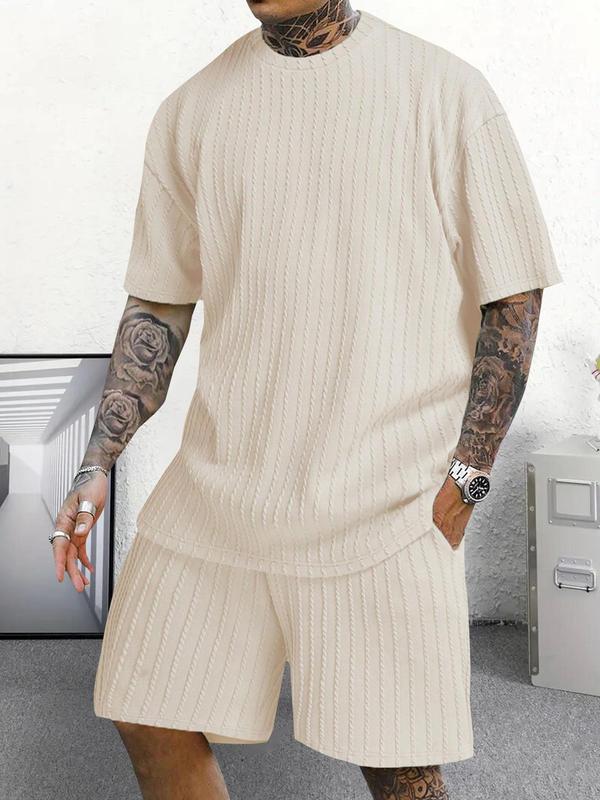 Men's Textured Drop Shoulder Pullover & Drawstring Waist Shorts Loungewear Two-piece Set, Casual Comfy Round Neck Long Sleeve Top & Pocket Shorts Pj Set, Men Sleepwear Set for All Seasons