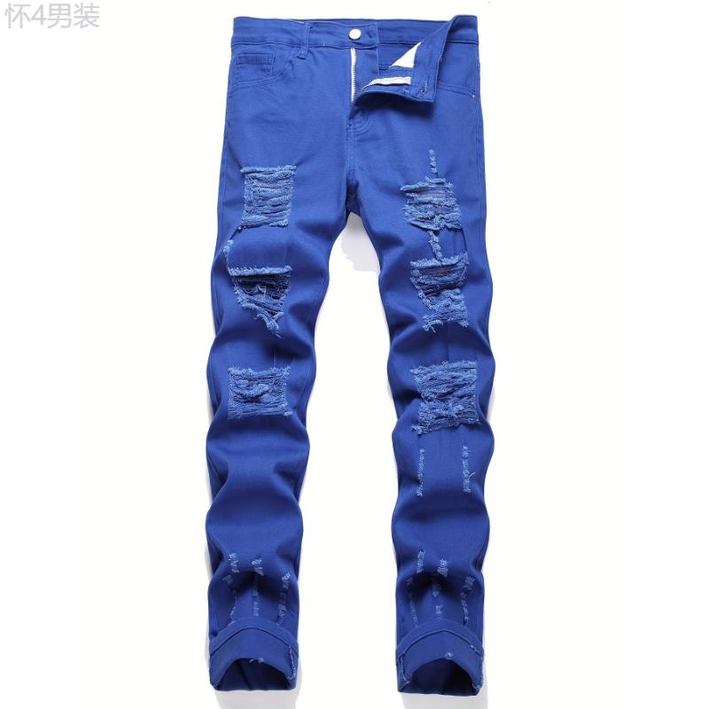 Men's Chic Slim Fit Ripped Jeans - Distressed Mid Stretch Denim Pants for Spring Summer Casual Street Style Menswear Polyester