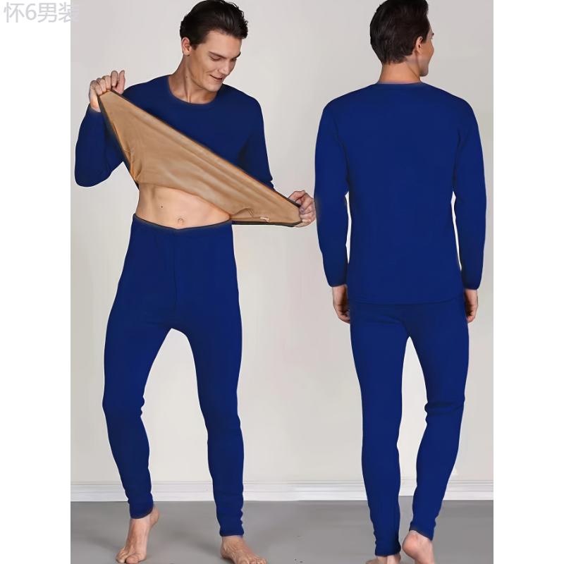 Men's Winter Thermal Underwear Set - Fleece-Lined, Long Sleeve Crew Neck Top & Pants for Ultimate Warmth Fabric Menswear