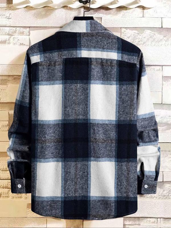 Men's Plaid Print Button Front Pocket Shirt, Regular Fit Casual Drop Shoulder Long Sleeve Top for Fall & Winter, Men's Clothes for Daily Wear